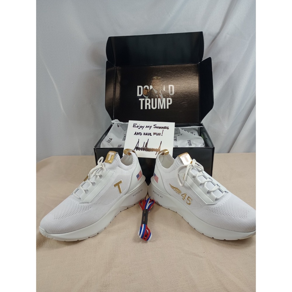Rare‎ Authentic Donald Trump Sneakers POTUS 45 size 12 M BNIB White And Gold